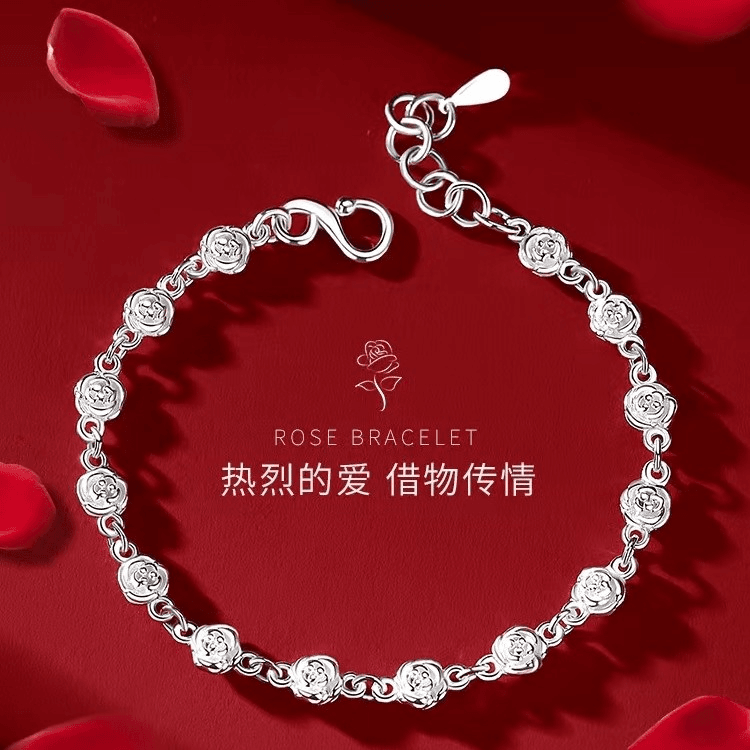 正品足银999手链999纯银实心玫瑰花手链女ins小众手链手