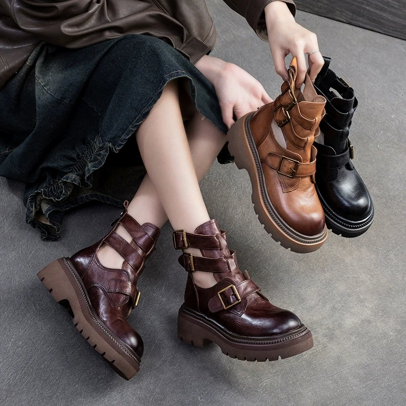 [GL]夏季新款复古手工头层牛皮轻奢女鞋时尚休闲镂空马丁靴女凉靴