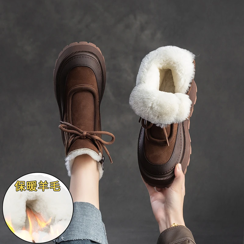 2025冬季新款羊毛皮毛一体保暖韩版短靴复古休闲百搭轻底厚底女鞋