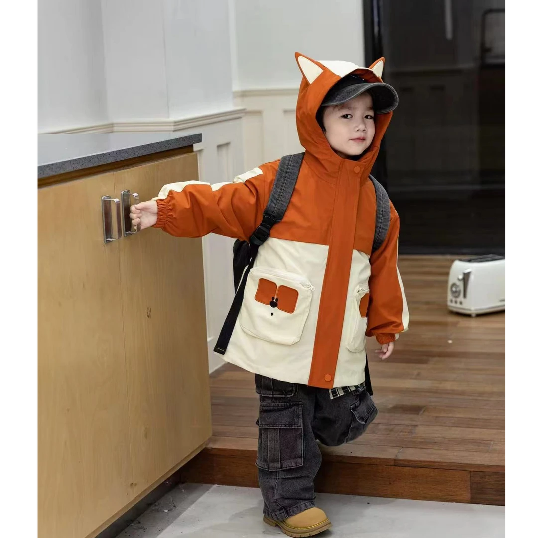 儿童冬季韩版立体口袋拼色派克服外套加绒夹棉加厚时尚童装