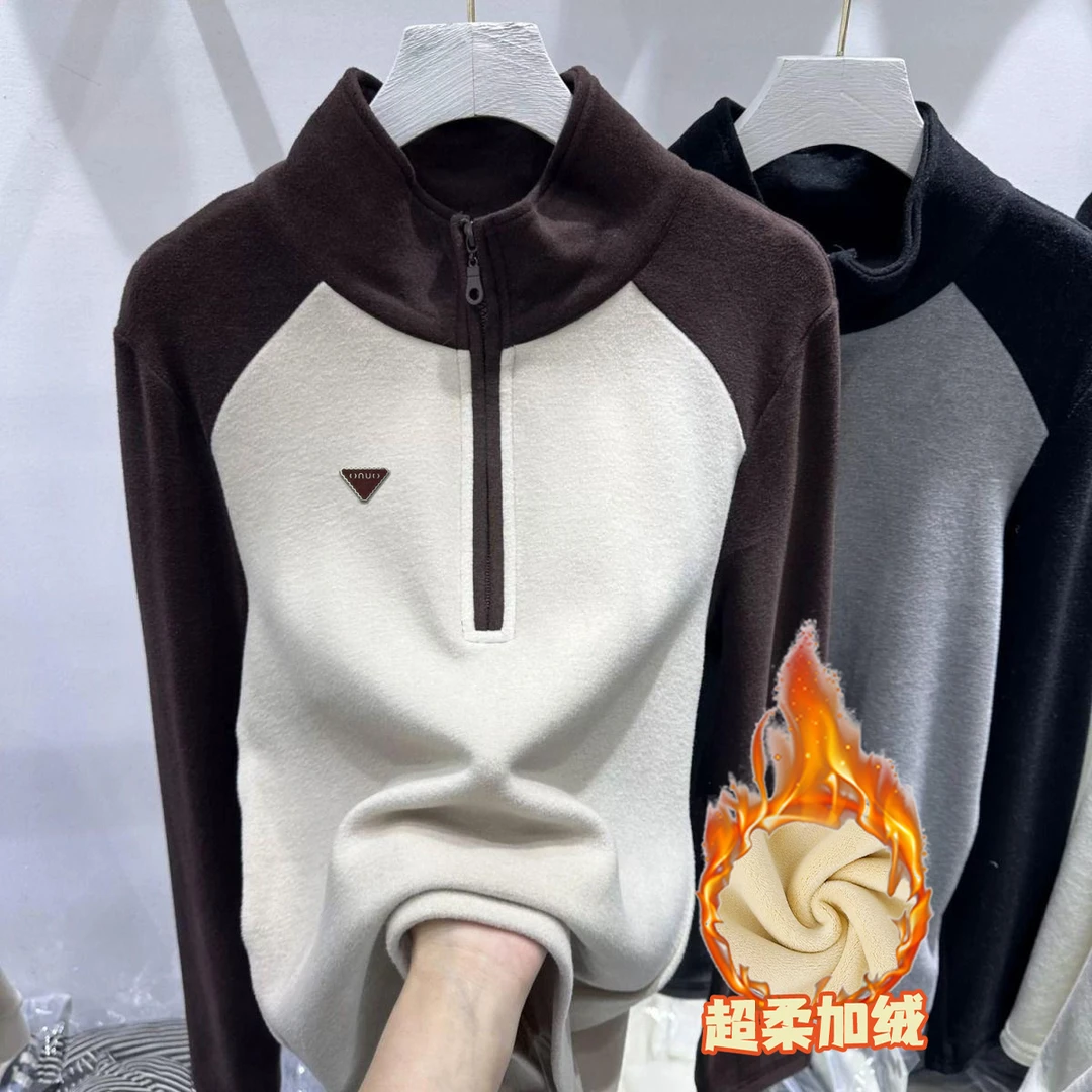 加绒加厚半拉链卫衣女2025春季新款时尚撞色立领长袖保暖显瘦上衣