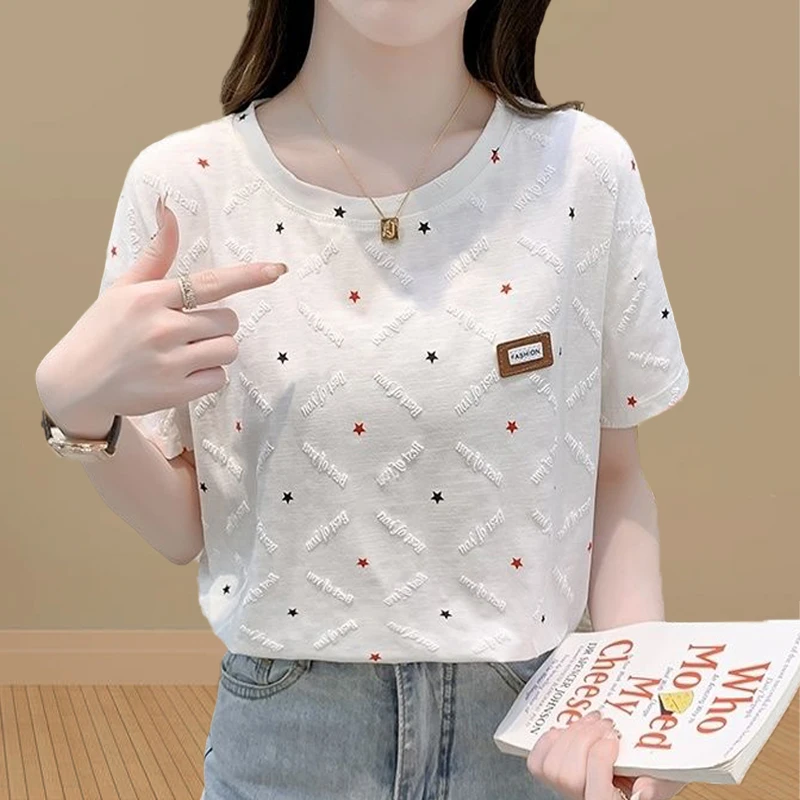 纯棉短袖T恤女2024夏季新款立体发泡印花宽松休闲百搭上衣ins潮