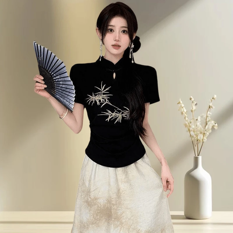 新中式复古国风短袖T恤女夏季2025新款刺绣收腰立领盘扣显瘦上衣
