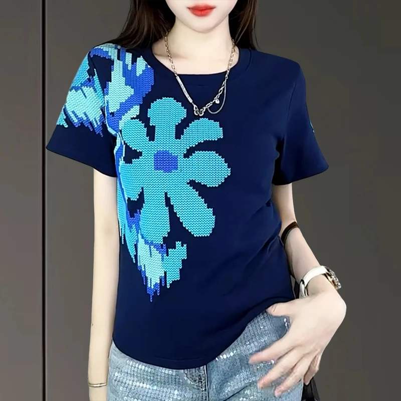 夏季2025新款印花发泡设计感短袖T恤女时尚洋气百搭宽松显瘦上衣