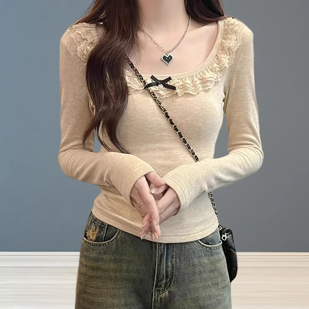 打底衫上衣女2024秋季新款U领蕾丝花边拼接时尚洋气百搭长袖T恤女