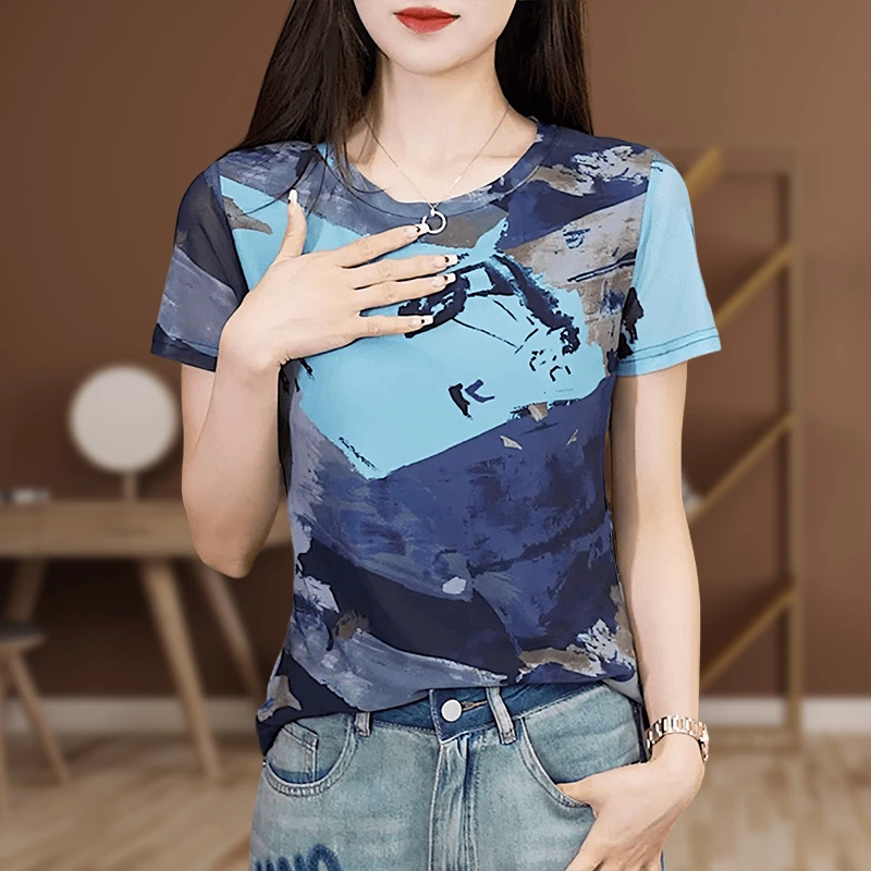 正肩短袖t恤女国风拼色水墨画印花夏季新款设计感时尚显瘦女上衣