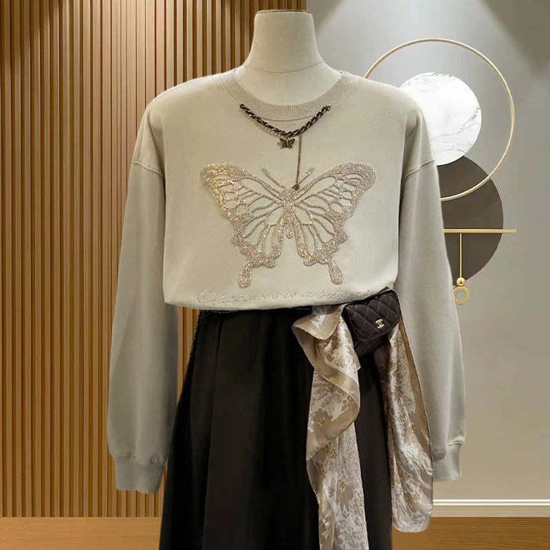 春秋2025新款重工刺绣蝴蝶亮片华棉卫衣女美式短款圆领显瘦长袖潮