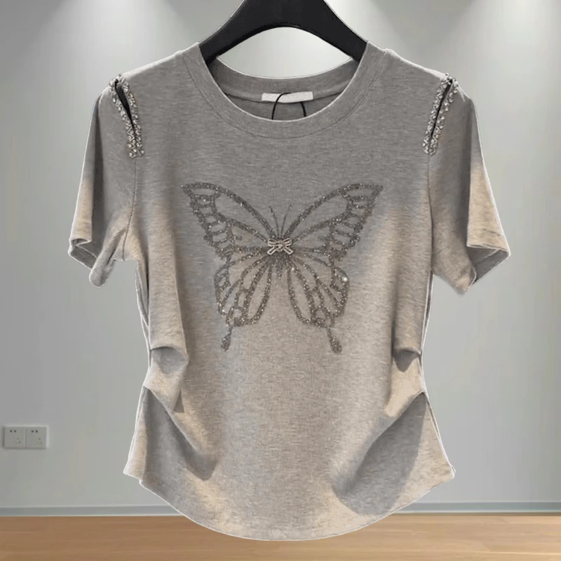 大码灰色露肩短袖T恤女夏季2025新款镶钻蝴蝶捏褶设计感显瘦上衣