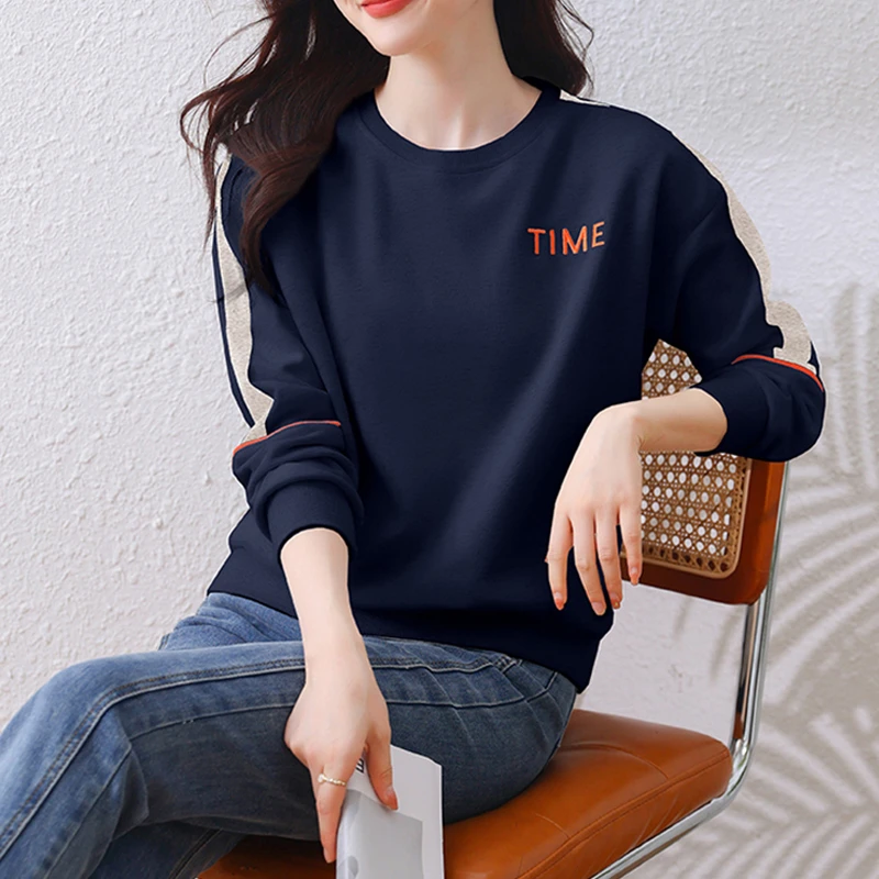 时尚华棉卫衣女2024秋冬新款字母刺绣宽松休闲撞色拼接减龄上衣女