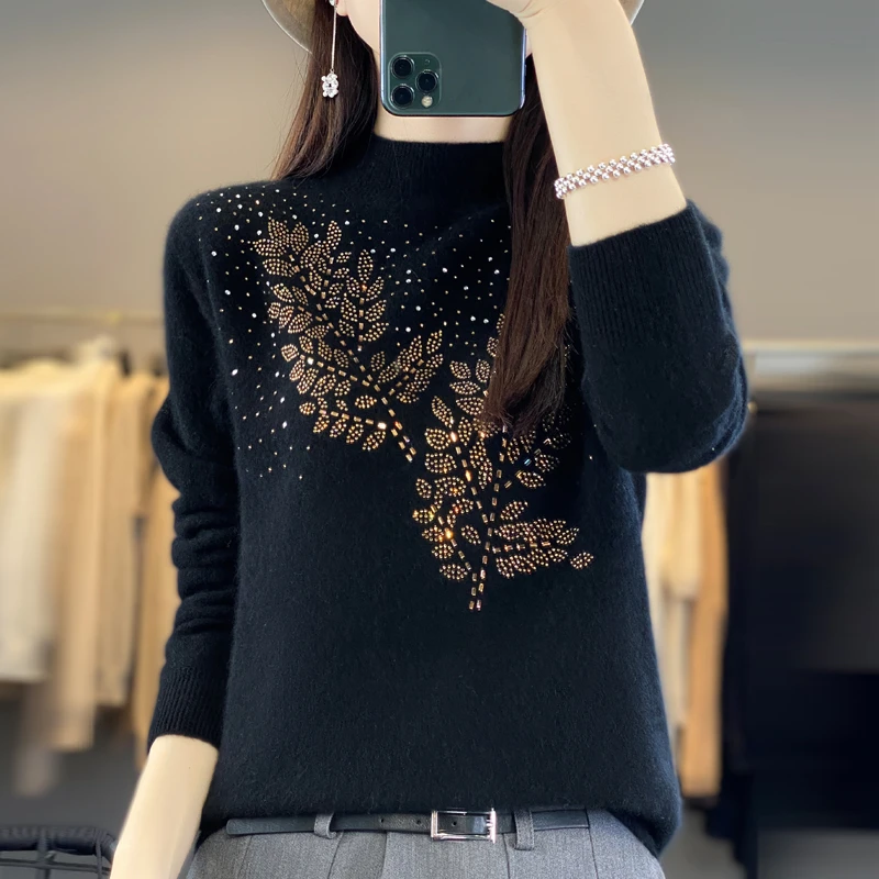 烫钻半高女款针织衫毛衣打底衫百搭时尚树叶382-2