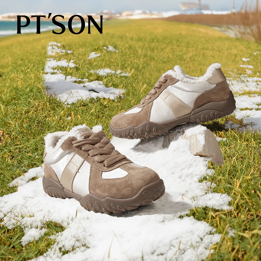 百田森加绒休闲鞋女2025新款美拉德拼色厚底德训鞋加绒加厚毛毛鞋