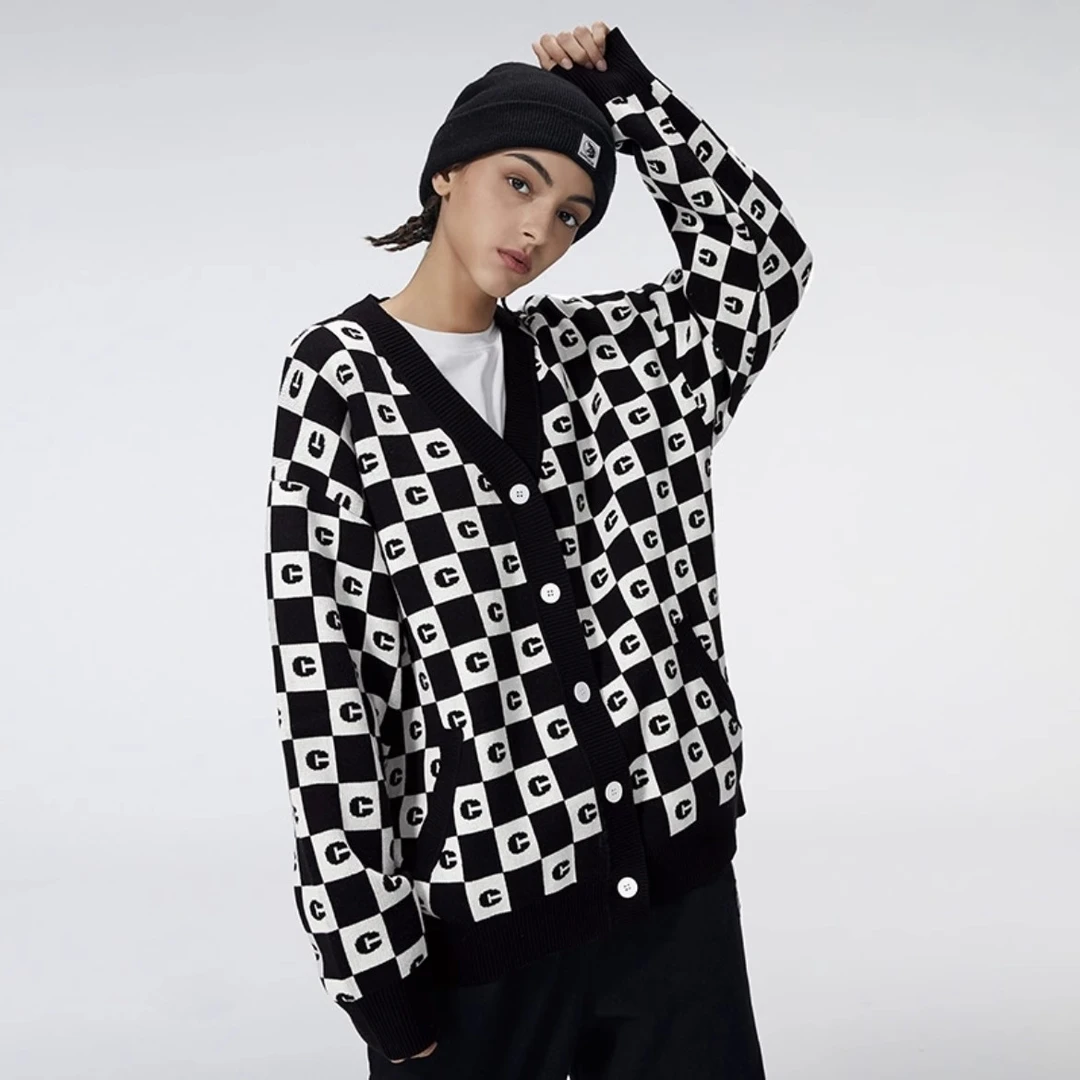 【CP】美拉德多巴胺棋盘格字母休闲长袖男女同款开衫