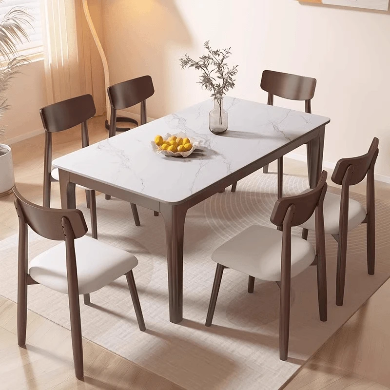 全实木岩板餐桌家用胡桃色轻奢现代简约小户型长方形餐厅吃饭桌子