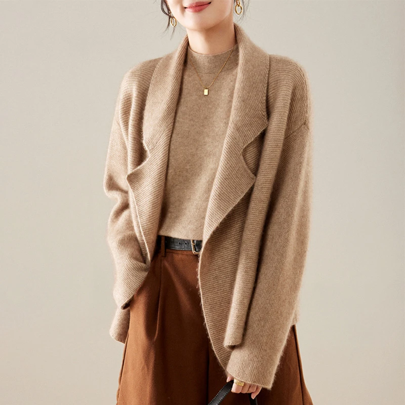100%纯羊毛女开衫外套加厚西装领小外搭秋冬新款宽松大码针织毛衫