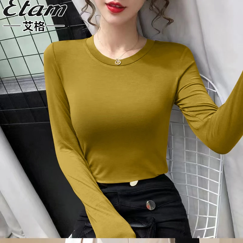 Etam/艾格2023秋冬新款修身洋气打底衫女内搭圆领长袖T恤女上衣