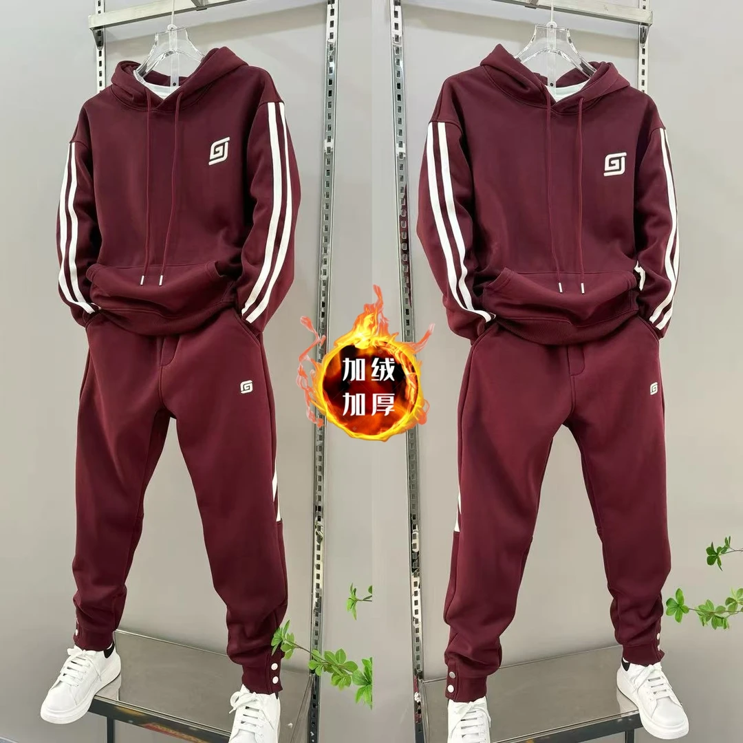 男士冬季加绒套装宽松休闲秋冬刺绣卫衣加厚纯色两件套拼条运动