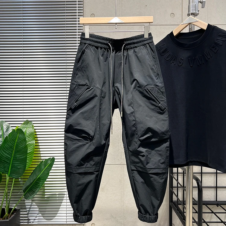 男士夏季薄款休闲裤弹力工装裤束脚裤大口袋四兜宽松哈伦裤男裤潮