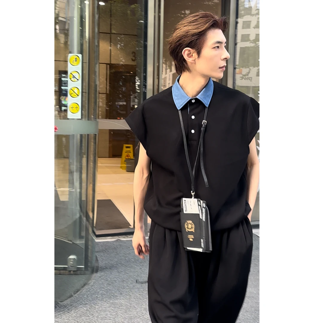 原创韩版polo衫男生休闲无袖t恤夏季新款高级感时尚撞色复古