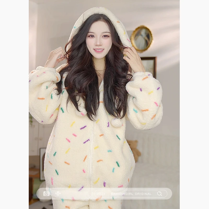 Bananagirl睡衣女秋冬加绒加厚款大码保暖连帽套装家居服可外穿