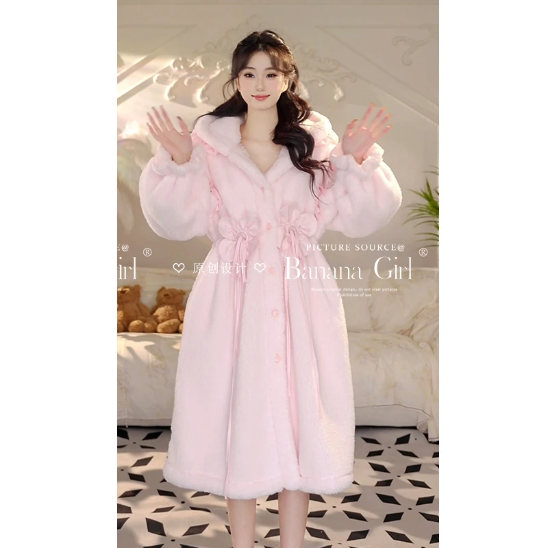 Bananagirl【蜜桃微醺】睡衣女秋冬中长款睡袍加绒加厚家居服可外穿
