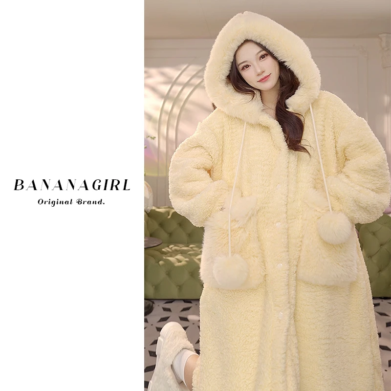 Bananagirl【云柔漫步】睡衣女秋冬保暖连帽睡袍家居可外穿
