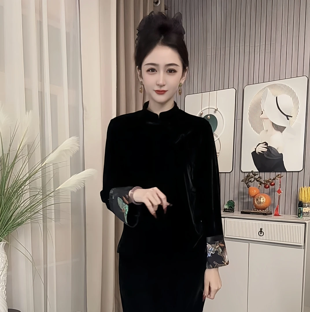 新款高端定制丝绒拼接花萝新中式时尚气质上衣