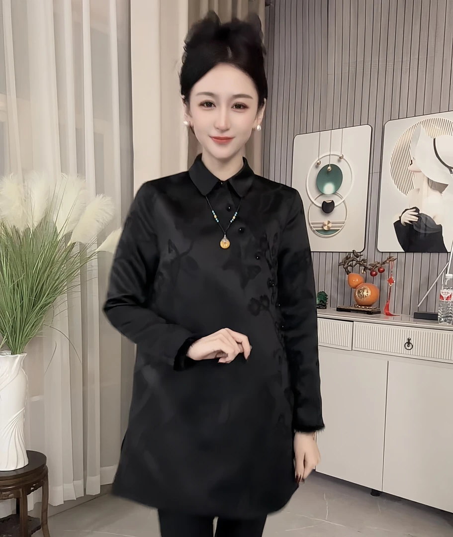 新款高定锦缎提花新中式国风斜禁重工水貂毛上衣