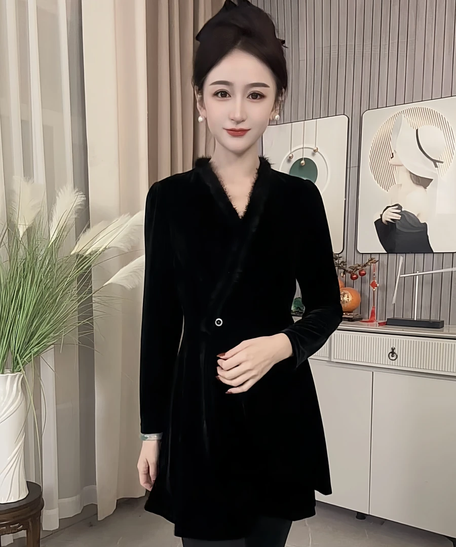高定V领丝绒拼接水貂毛气质时尚上衣（短款衣长75厘米）