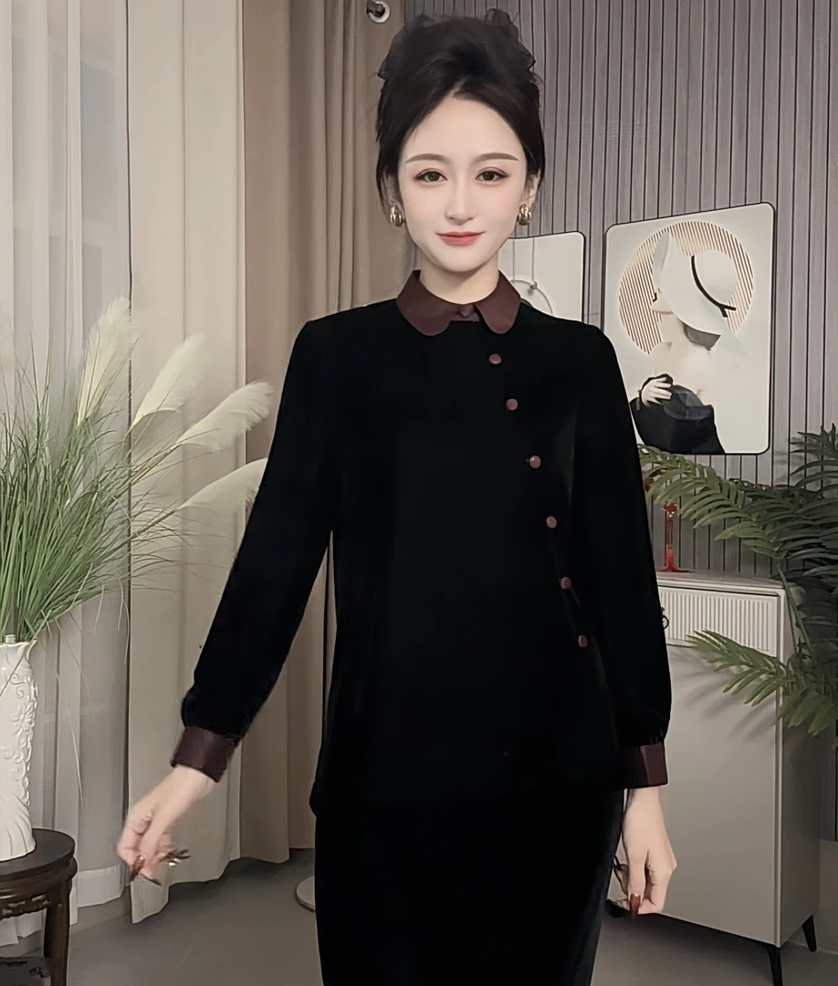 新款高端定制丝绒轻奢撞色上衣