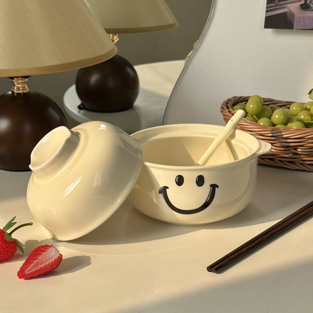 爆款奶油风螺蛳粉泡面碗学生面碗方便面带勺碗双耳防烫碗陶瓷G3