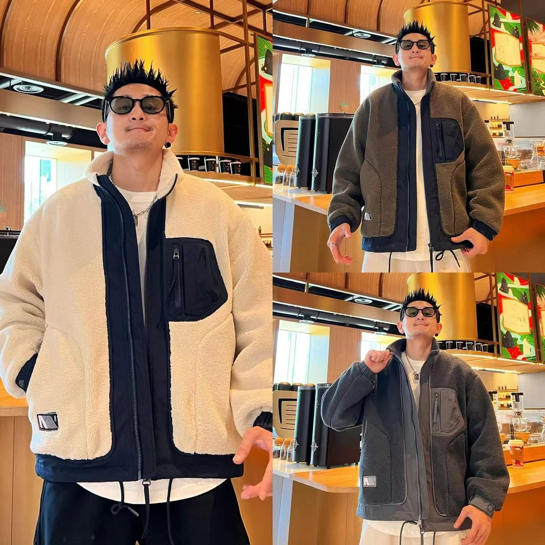 日系简约潮流撞色设计时尚宽松个性男士秋冬新款奥粒绒棉衣外套