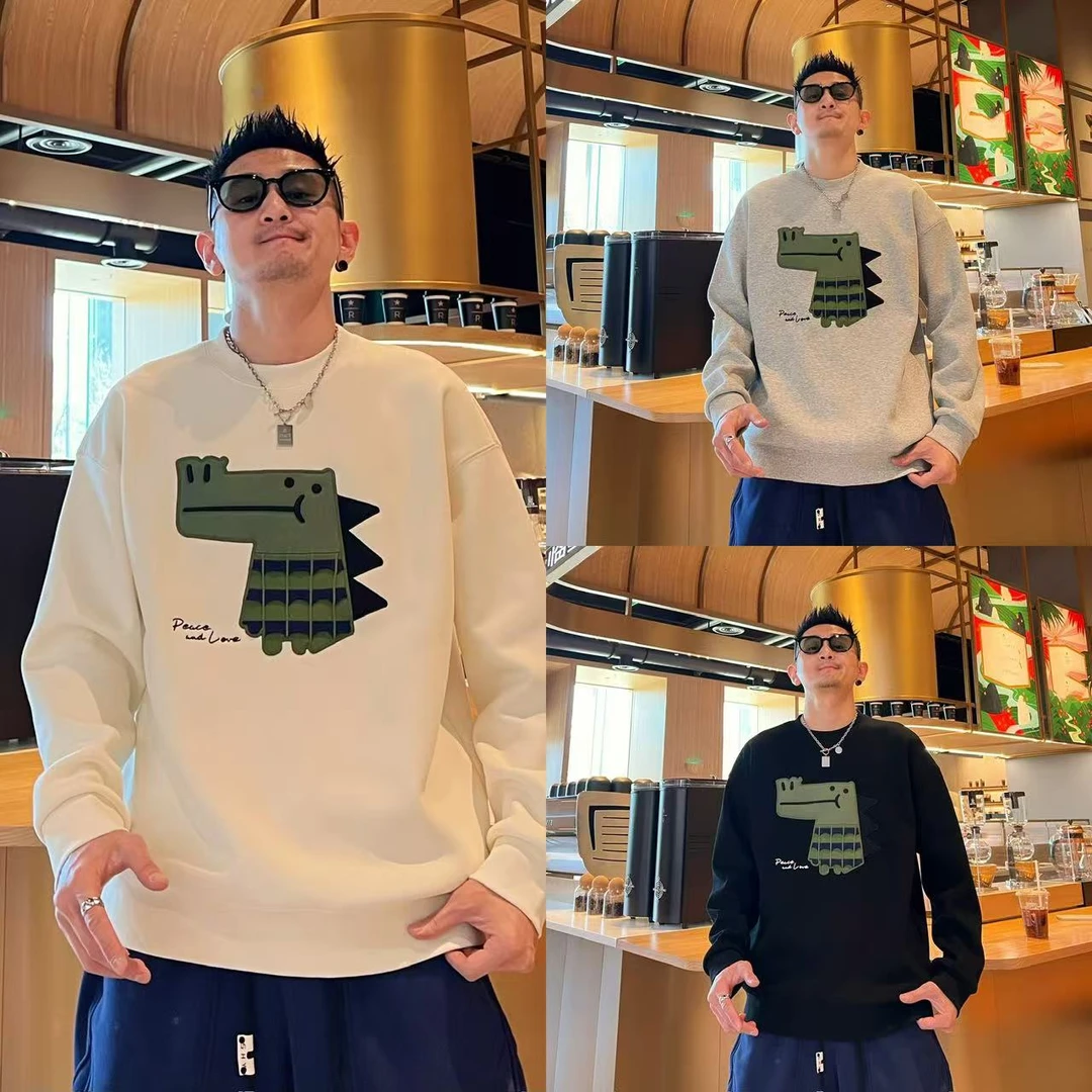 冬季新款加绒保暖卡通刺绣百搭简约宽松时尚男女同款圆领套头卫衣