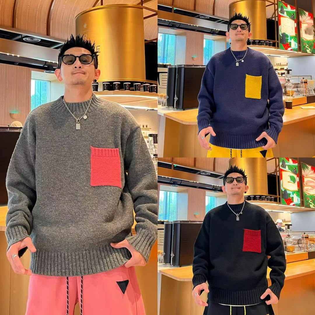 极简小众宽松百搭舒适帅气口袋撞色男士2024冬季针织休闲圆领毛衣