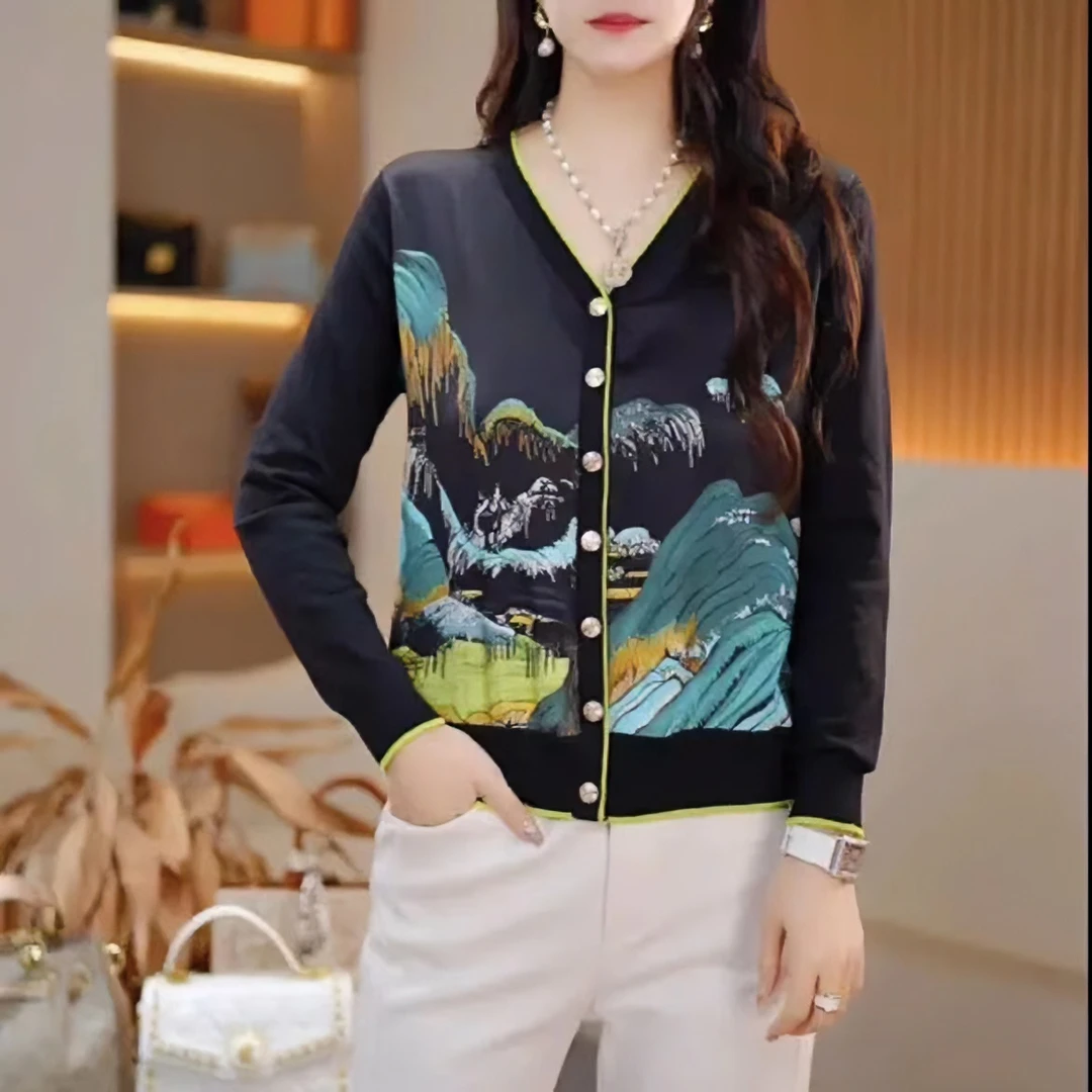 2024秋季新品长袖休闲女士复古印花百搭显瘦拼色外套-222