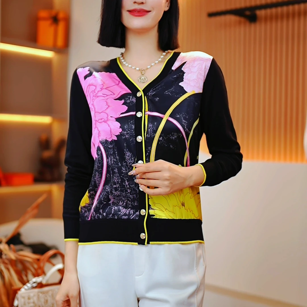 2025春季新品长袖休闲女士复古轻奢印花百搭显瘦拼色外套-261二店