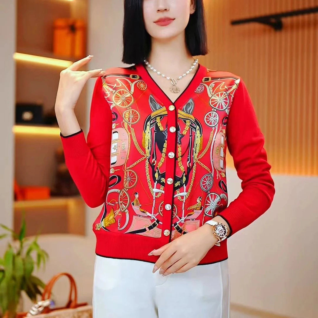 （八店）2024秋季红色新品长袖休闲女士复古印花百搭显瘦外套-273