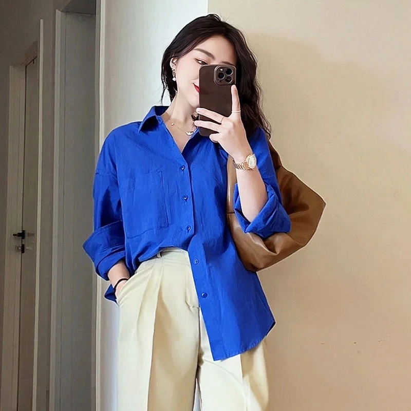 今年流行的漂亮小衫克莱因蓝衬衫2024早春女长袖高级衬衣女小个子