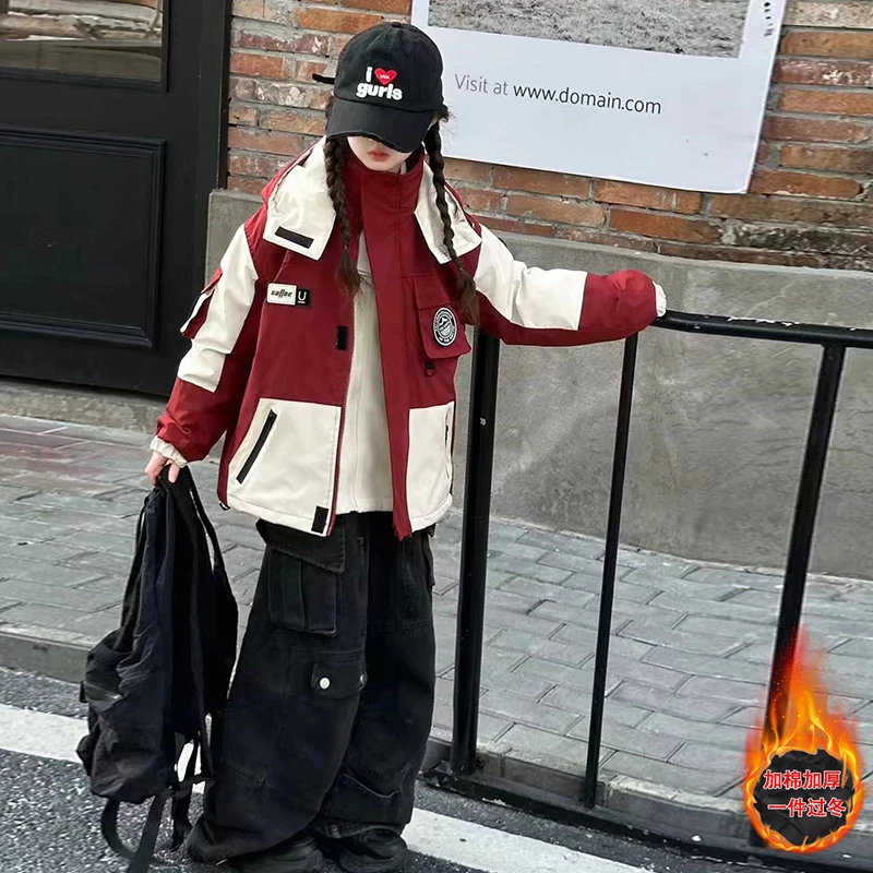 女童加厚外套2025新款女孩休闲时尚拼色冬季冲锋衣中大童时髦冬装