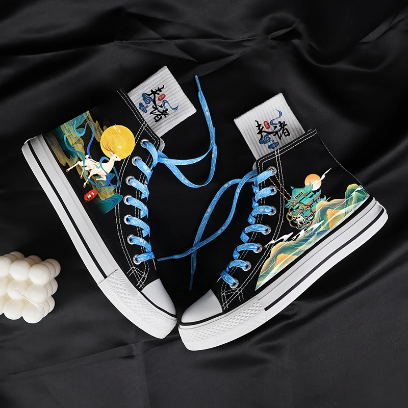 高帮帆布鞋男2023春秋加绒鞋子百搭潮流涂鸦板鞋休闲平底学生男鞋