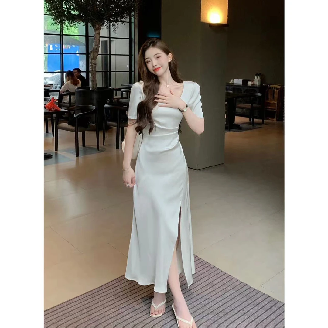 SZA夏季新款时尚优雅高级感方领短袖开叉收腰显瘦气质连衣裙A-289