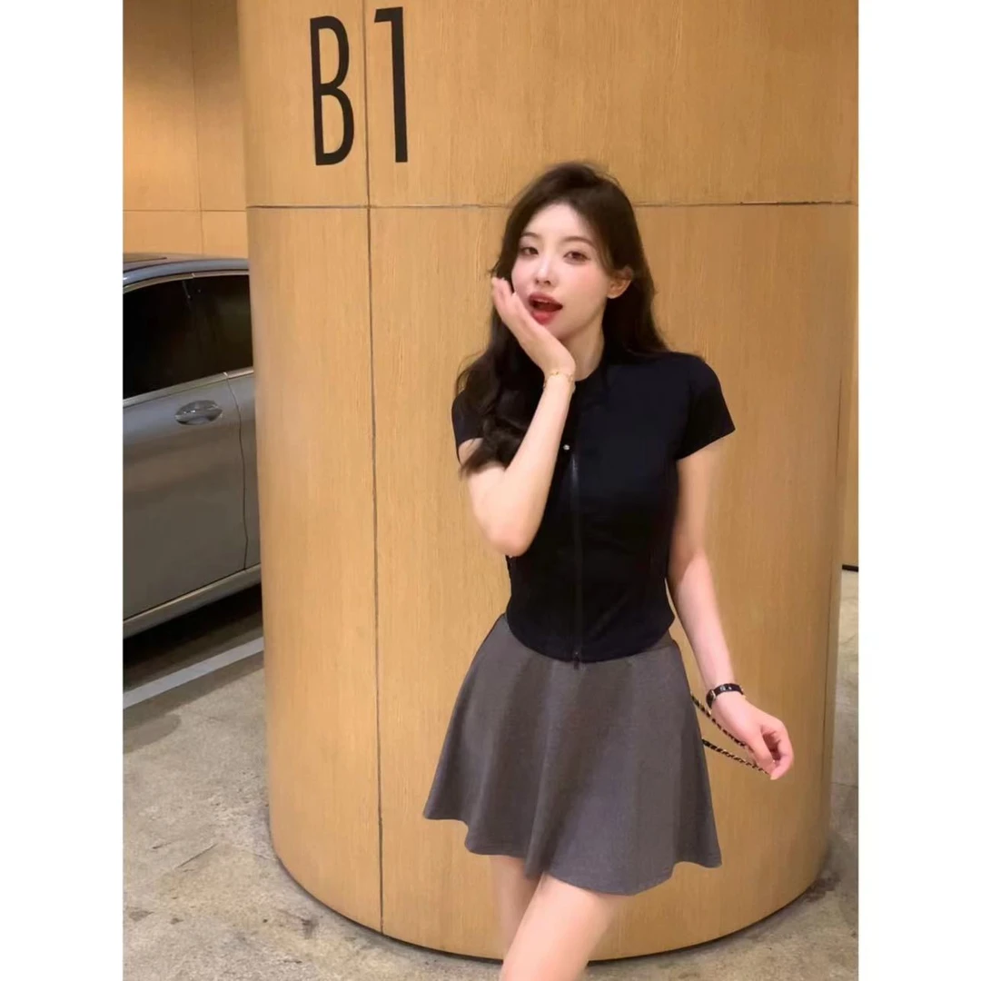 SZA【香雾白菜】夏季新款立领拉链气质女短款修身显瘦短袖T恤A-815