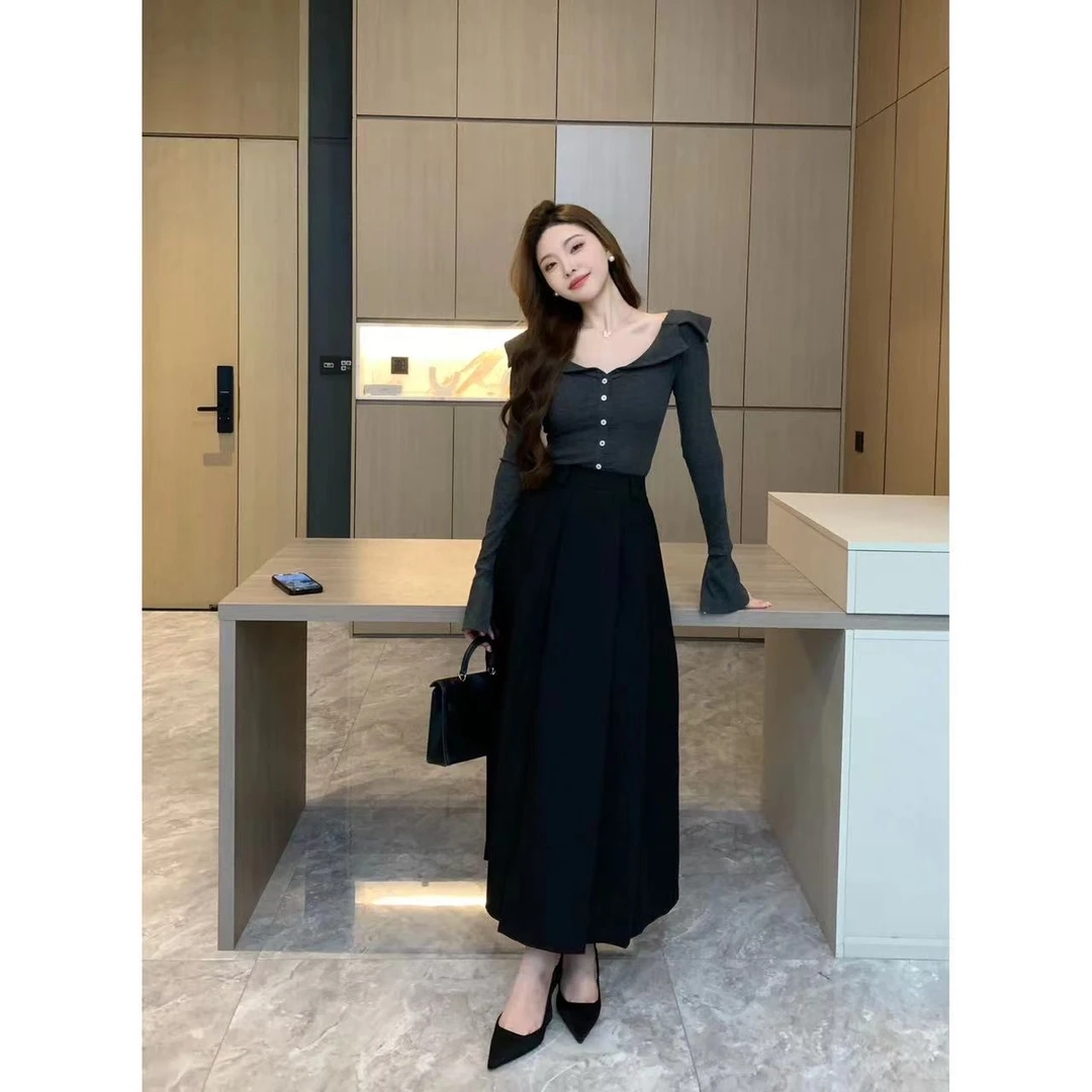 SZA【微光星辰】秋季新款设计感小众U领开衫长袖T恤上衣A-1093