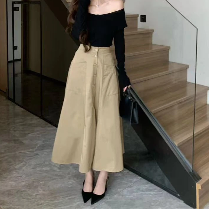 SZA【绿野仙踪】秋季新款复古卡其工装单排扣高腰显瘦半身裙A-1082