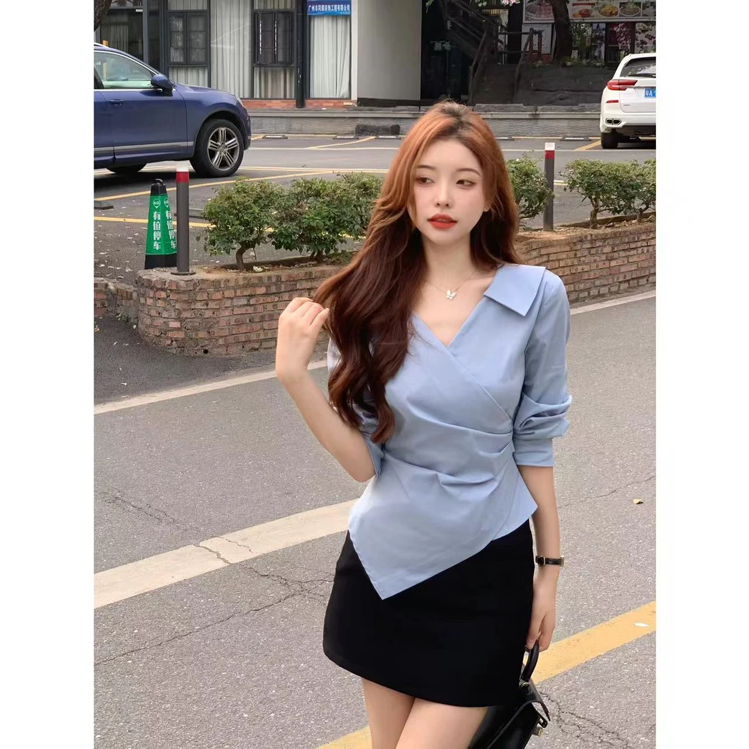 SZA【兰玲花语】春季新款女小众交叉V领褶皱收腰显瘦长袖衬衫A-734