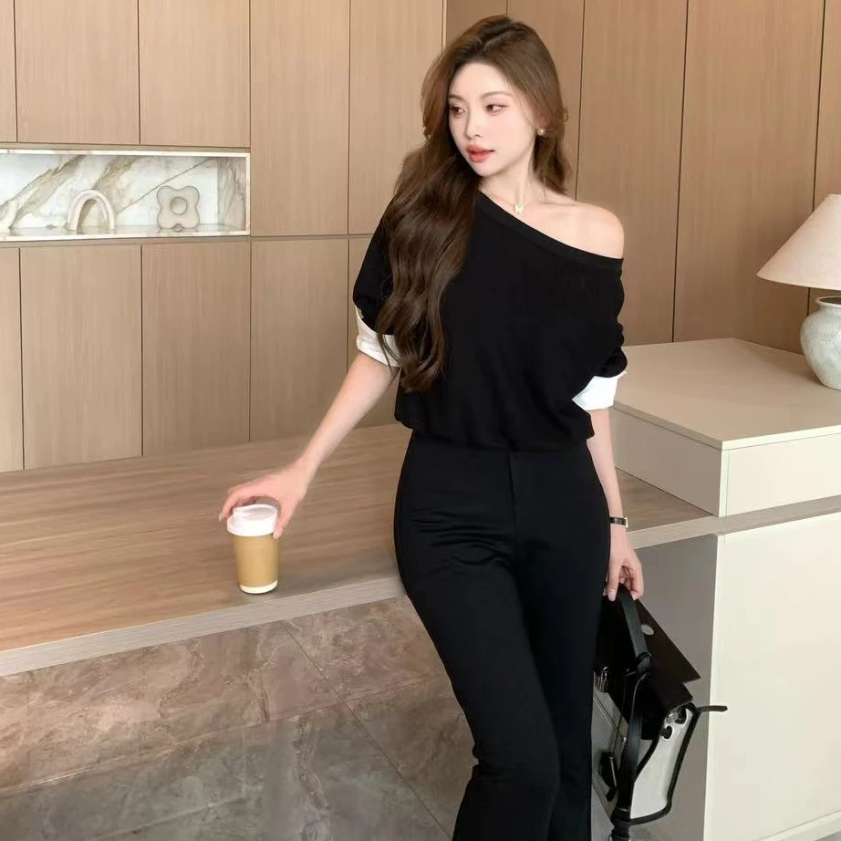 SZA【巴赫乐章】秋季新款慵懒风宽松休闲露肩拼接长袖卫衣A-1083