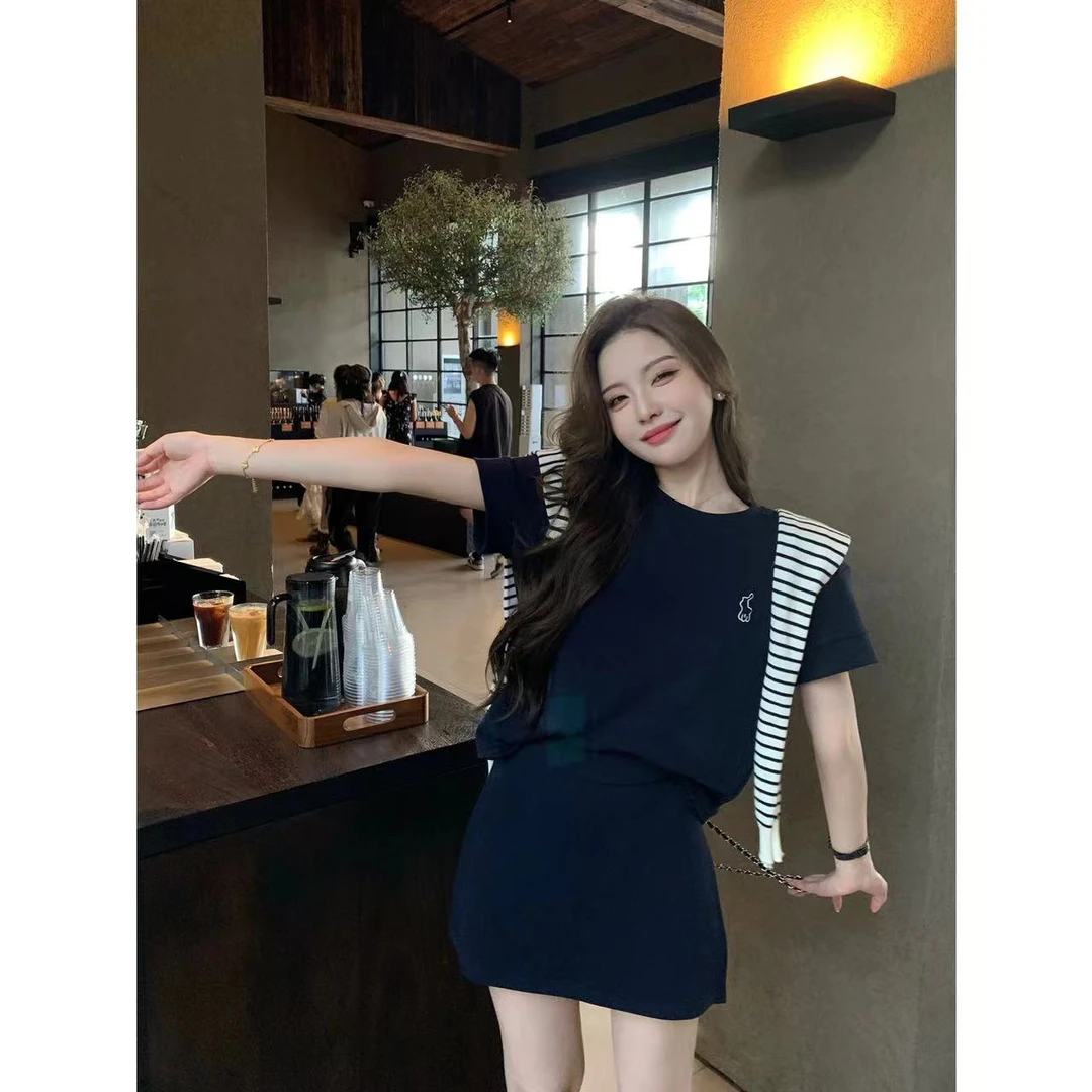 SZA【静夜星空】早秋新款时尚运动圆领短袖上衣高腰裤裙套装A-1010