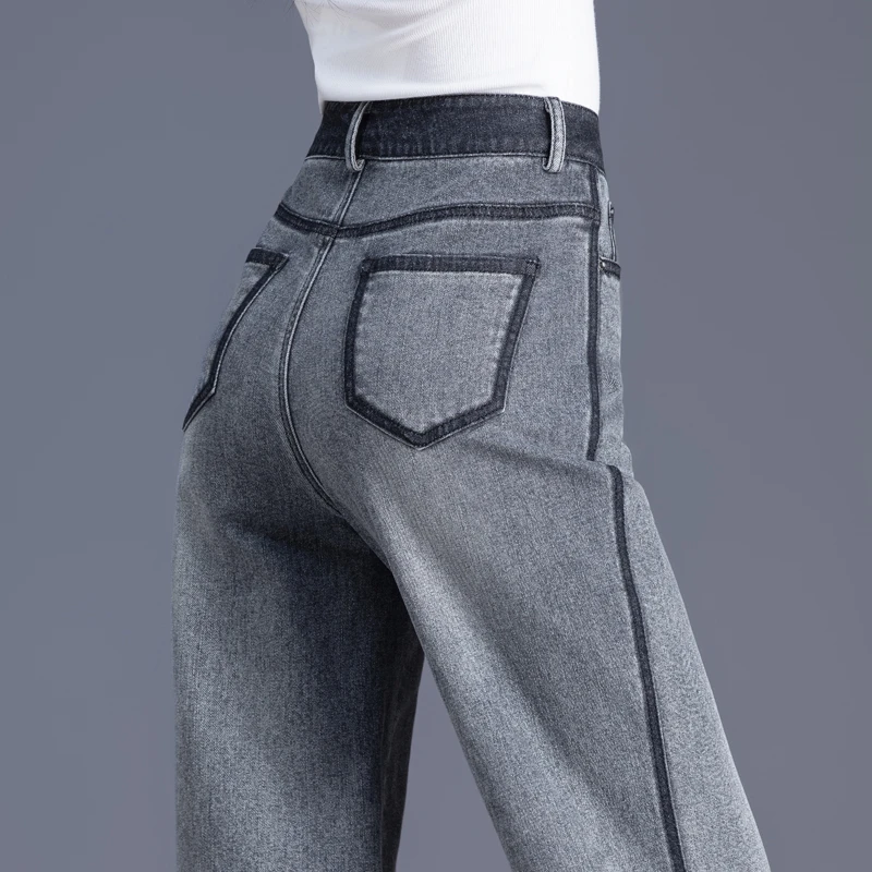 时尚黑灰撞色加绒牛仔裤女秋冬加厚高腰裤子女窄版阔腿裤直筒长裤