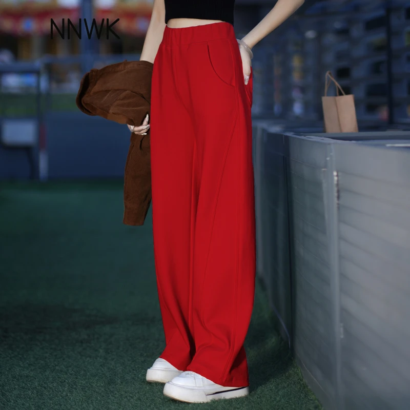 安可拉红加绒阔腿裤女2025新款秋冬宽松加厚显瘦运动裤直筒香蕉裤