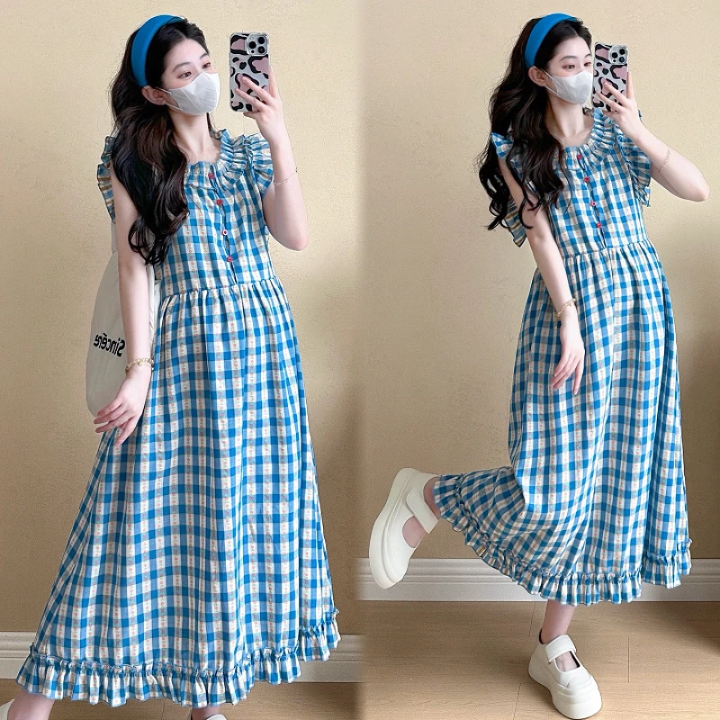 【兔妈】孕妇装2024夏季新款格子韩版甜美飞飞袖洋气孕妇连衣裙