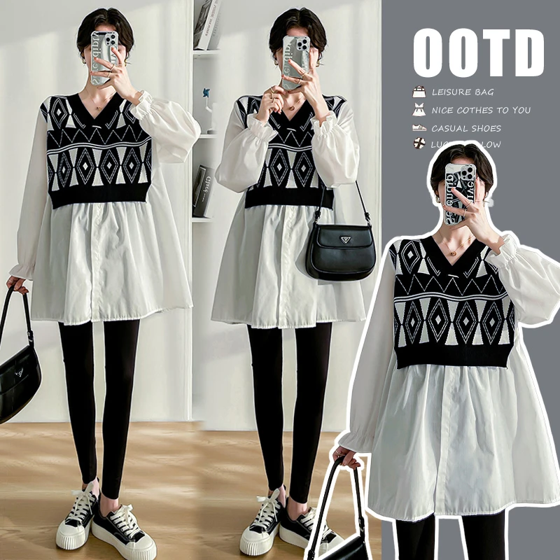 早秋孕妇装2024年新款v领假两件长袖衬衫法式拼接设计感孕妇上衣